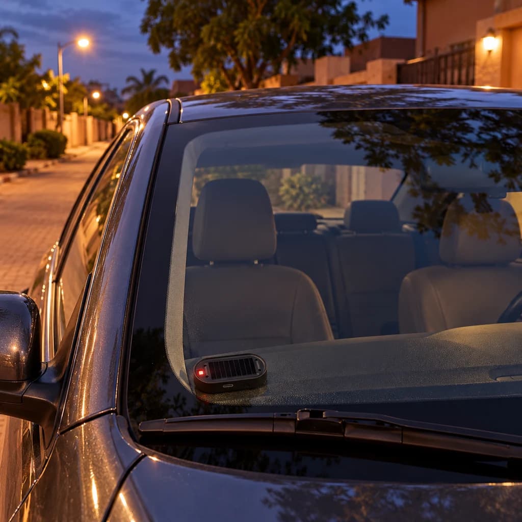 Vue extérieure d’une voiture garée avec le petit voyant rouge visible derrière le pare-brise